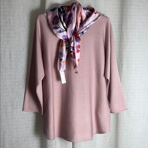 CR XL Pink Crew Dolman Quarter Sleeve Fine Knit Sweater Square Floral Scarf Set